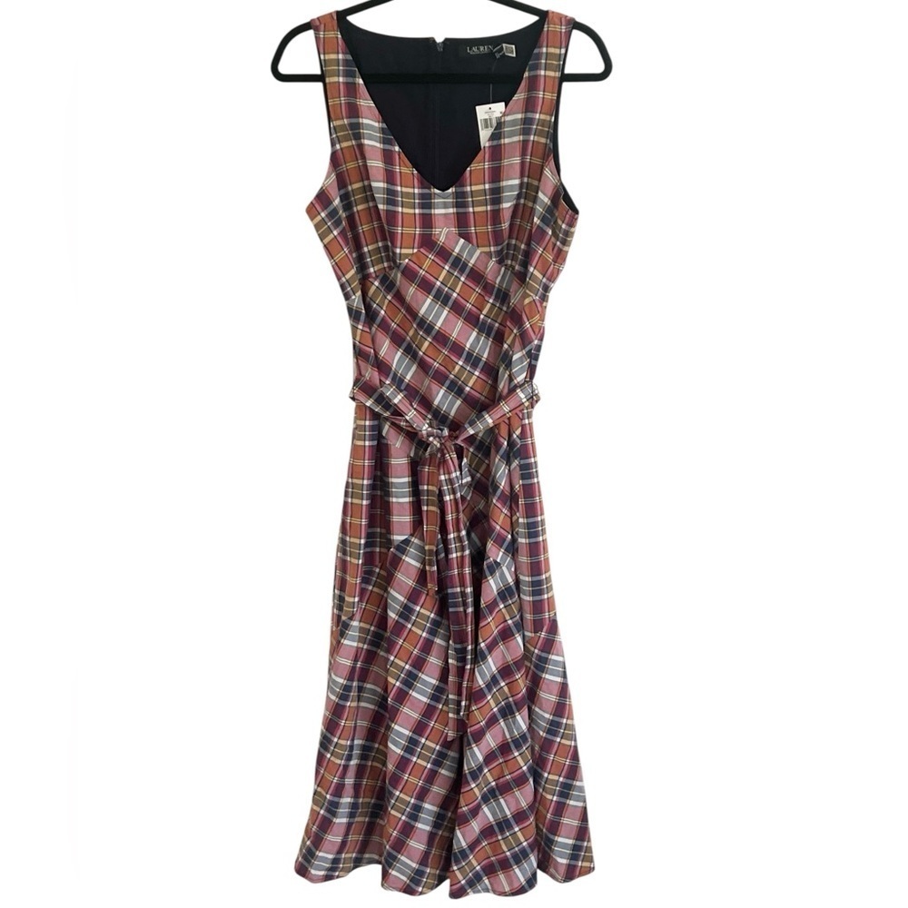 Lauren Ralph Lauren Check Plaid Belted Cotton Madras Sleeveless Dress NWT 12